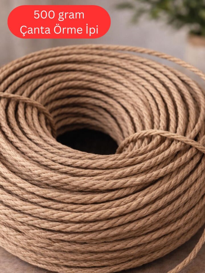 Kraft İp, 500 gram 3.0mm, Doğal Bükümlü Rafya İp, Çanta Sepet Uyumlu, Naturel, Çanta Yapım İpi, Kum Beji