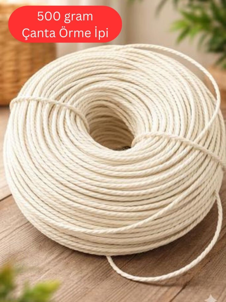 Kraft İp, 500 gram 3.0mm, Doğal Bükümlü Rafya İp, Çanta Sepet Uyumlu, Naturel, Çanta Yapım İpi,  Kırık Beyaz
