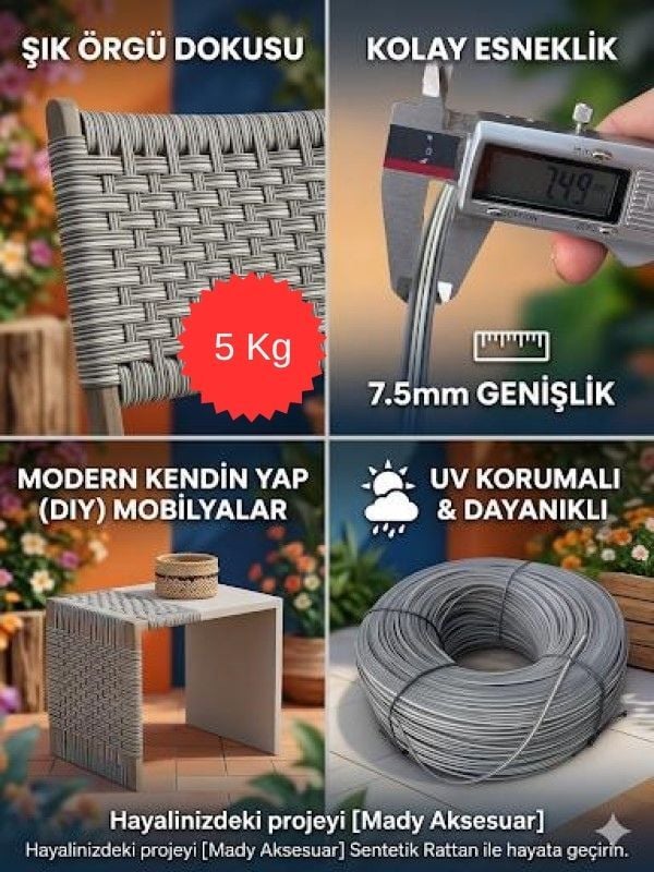 Premium Sentetik Rattan Şerit - Bahçe Mobilyası Örme ve Tamir İpi - 1 Kg, 7.5mm Gri/Beyaz Çizgili, Çift Taraflı