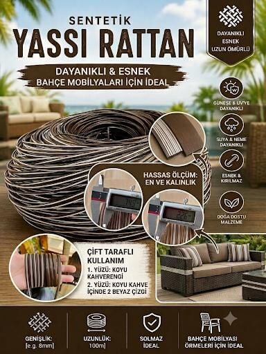Premium Sentetik Rattan Şerit - Bahçe Mobilyası Örme ve Tamir İpi - 1 Kg, 7.5mm Kahverengi/Beyaz Çizgili, Çift Taraflı