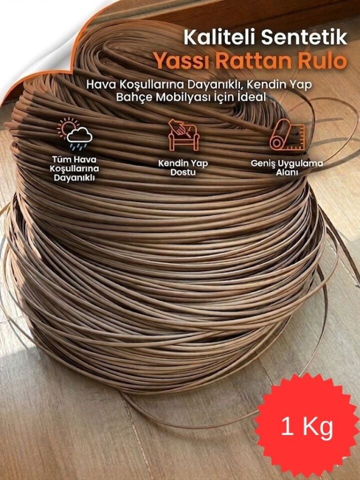 Premium Sentetik Rattan Şerit - Bahçe Mobilyası Örme ve Tamir İpi - 1 Kg, 7.5mm Açık Kahverengi
